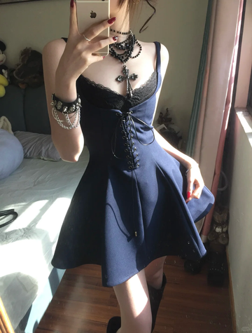 Vintage A Line Straps Black Lace Navy Blue Satin Short Homecoming Dress Cocktail Dress HZ1023